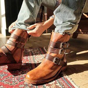 New FREE PEOPLE Sunbelt Santa Fe Leather Moto Boots Brown 8.5 MSRP $198